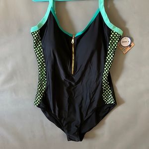 Black Swimsuit with Gold hardware, and blue and green accents. 8” zipper